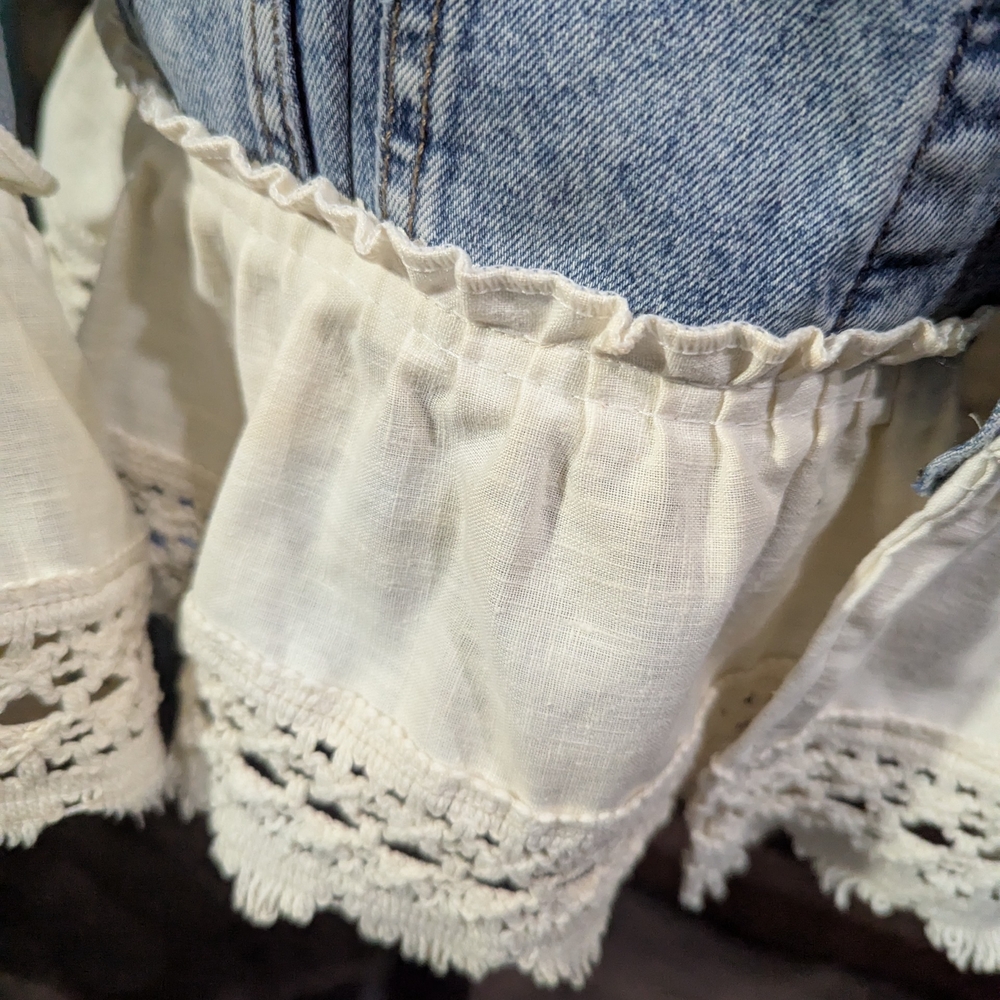 Embroidered Denim Jacket with Ruffle Hem - Picture 7 of 15